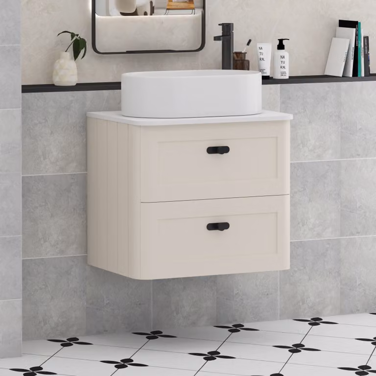 Royal Bathrooms Henley 600mm Wall Hung Vanity Unit in Mushroom Cashmere with 2 Drawers, Plain White Worktop, Peak Basin and Matt Black Knob