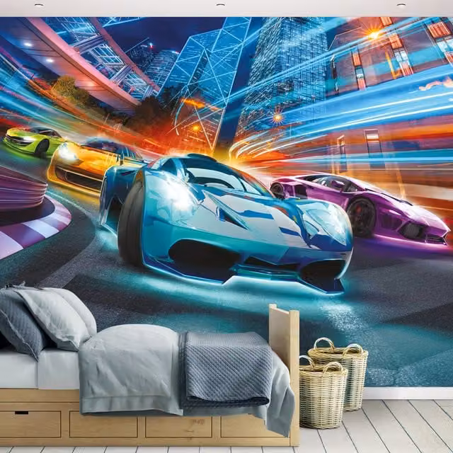 Walltastic Supercar Racers Wall Mural in Multicolour and Blue, W: 304.8 cm, H: 243.84 cm