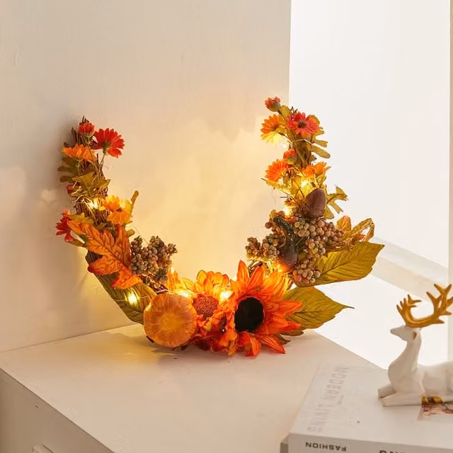 Livingandhome Artificial Sunflower Swag Wreath with Pumpkins in Orange