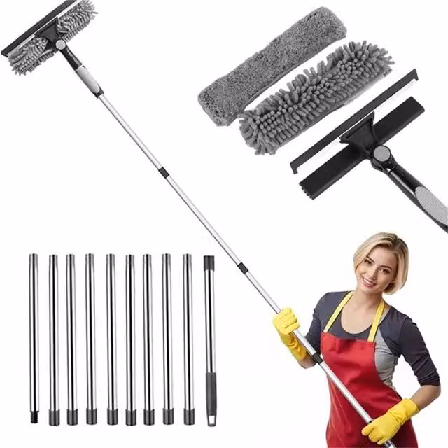 EONLION Telescopic Window Squeegee Cleaner with Scraper and Microfibre Head, Grey, Width: 100 cm