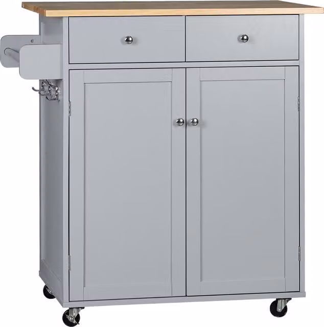 HOMCOM Rolling Kitchen Island Utility Serving Cart with Rubberwood Top, Towel Rack, Hooks and Storage Drawers, Grey