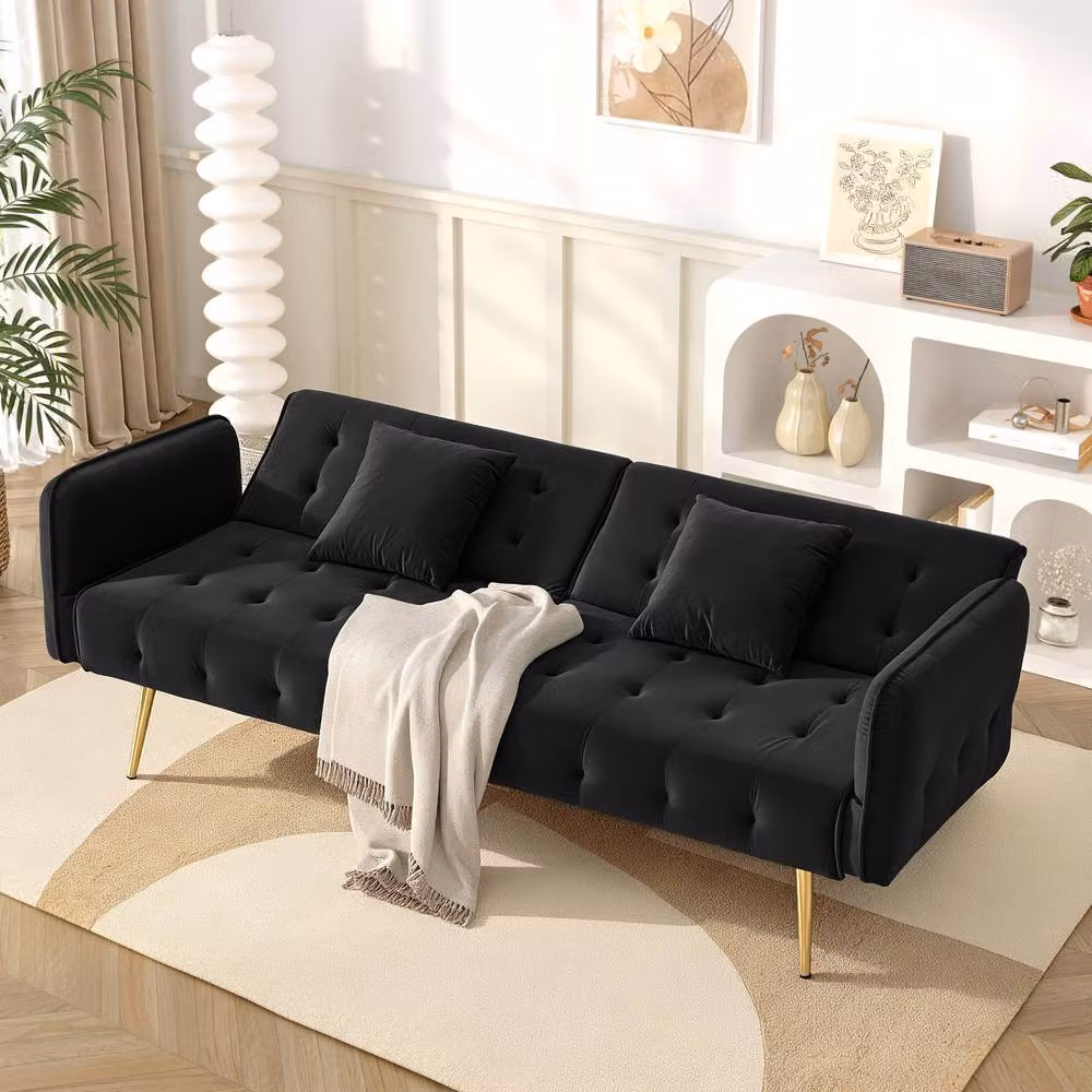 BTM 2 Seater Velvet Sofa Bed in Black with Gold Accents, Click-Clack Folding Sleeper with Solid Wood Frame, W/D/H: 178 x 70 x 41 cm – 5