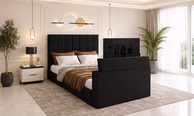 Paradise Beds Ltd Geneva Bespoke Upholstered TV Bed Frame in Black Velvet Fabric