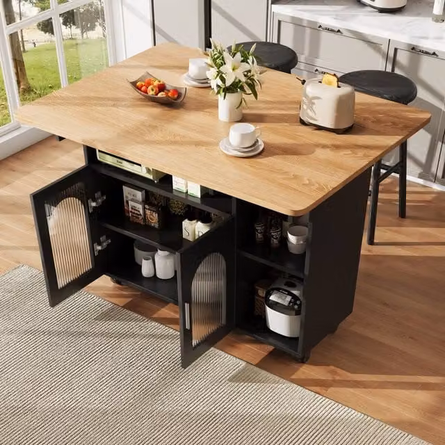 ModernLuxe Mobile Kitchen Island with Extendable Top in Black