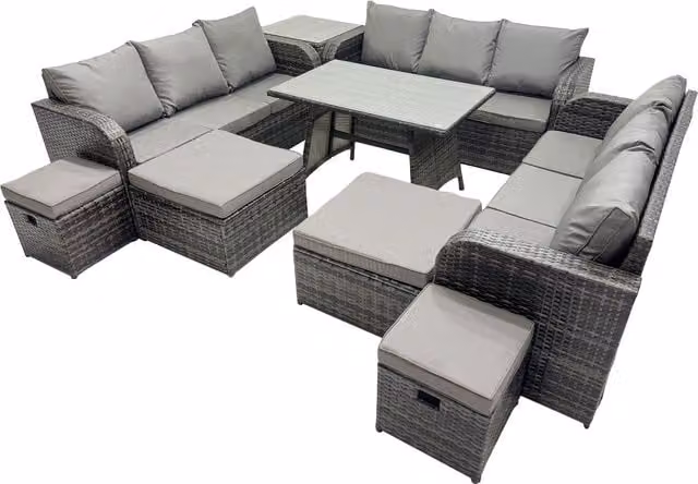 Fimous 13-Seater U-Shape Outdoor Rattan Garden Furniture Set in Dark Grey with 3-Seater Sofa, Ottoman and Cushions