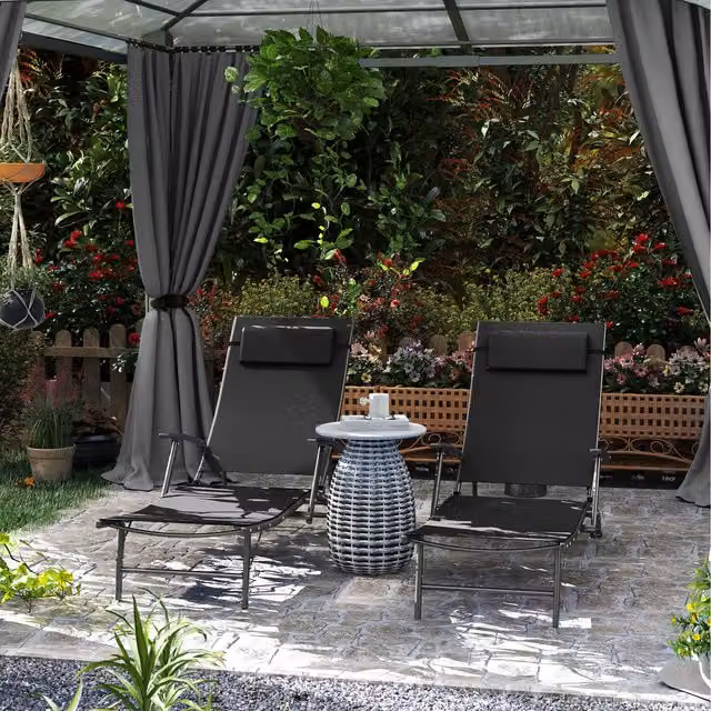 Outsunny Set of 2 Modern Black Outdoor Folding Sun Loungers with Adjustable Headrests and Armrests
