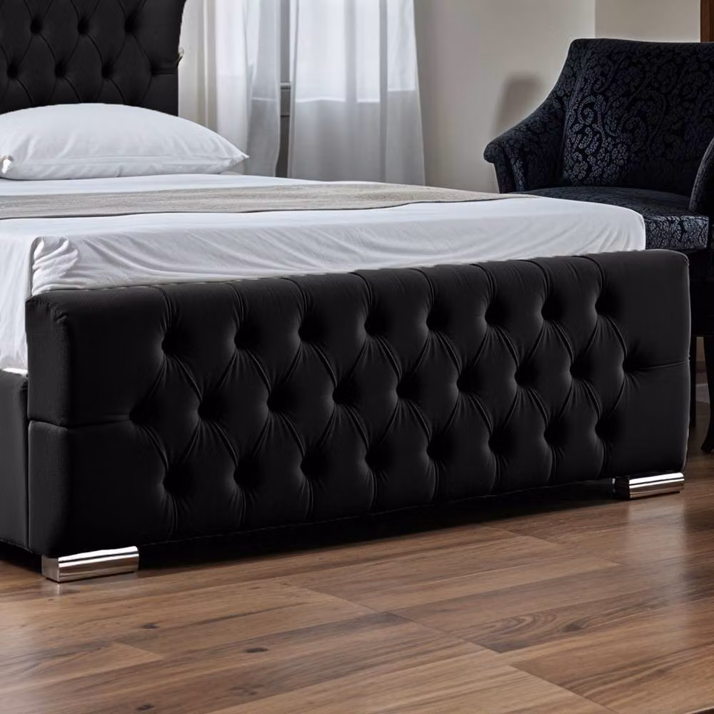 UK Bed Furniture Isabella Upholstered Slatted Base Bed with Wingback Headboard in Black, W/D/H: 90 x 200 cm – 4