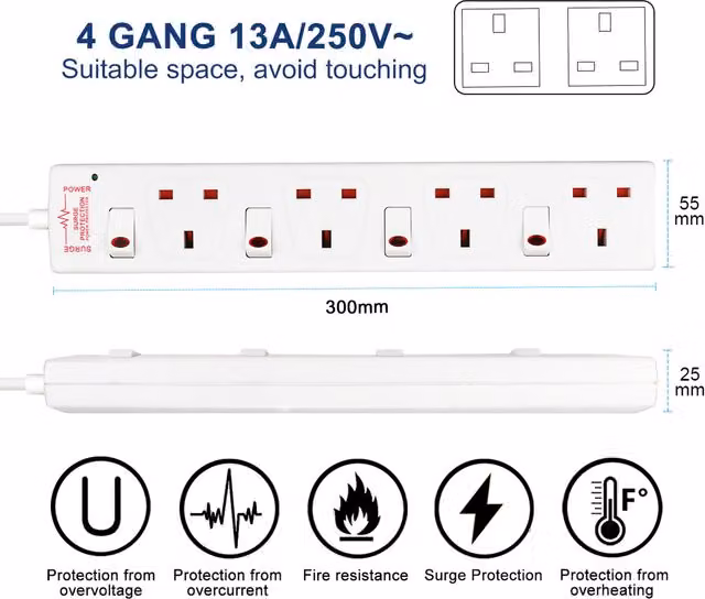 ExtraStar 4 Gang Individually Switched Surge-Protected Extension Lead, White, 5m
