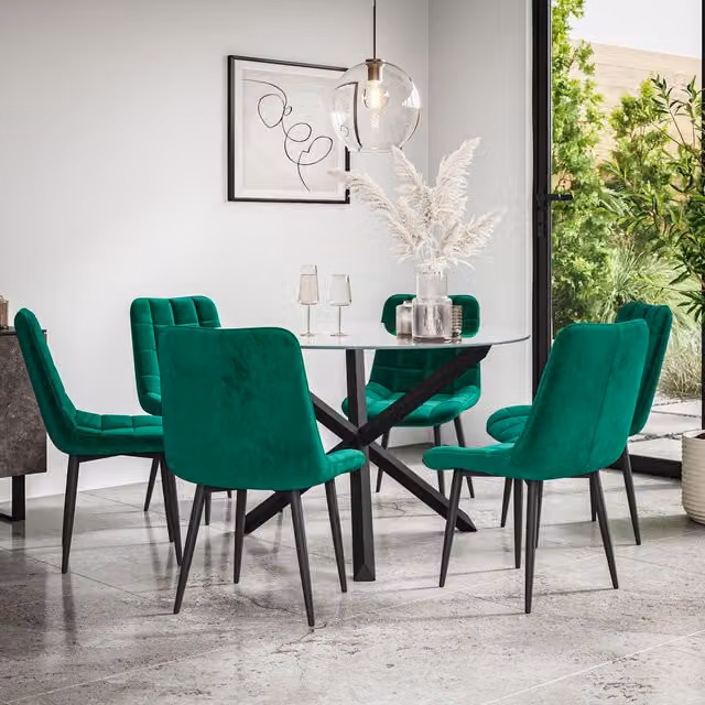 More4Homes Malvern Round Dining Table with Clear Glass Top and Solid Oak Black Legs and 6 Green Nova Velvet Dining Chairs