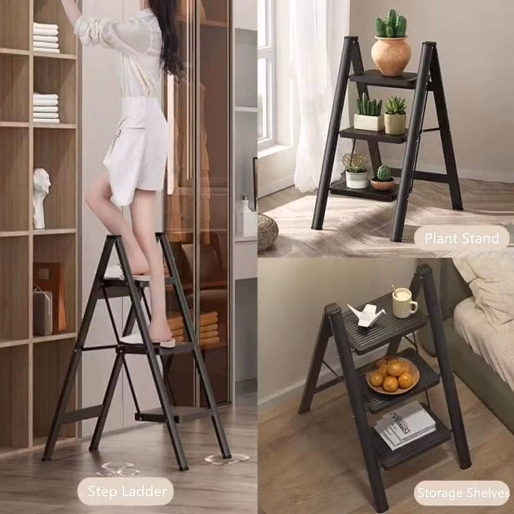 FLAVORA Black 3 Step Steel Folding Ladder with Rubber Feet – 5
