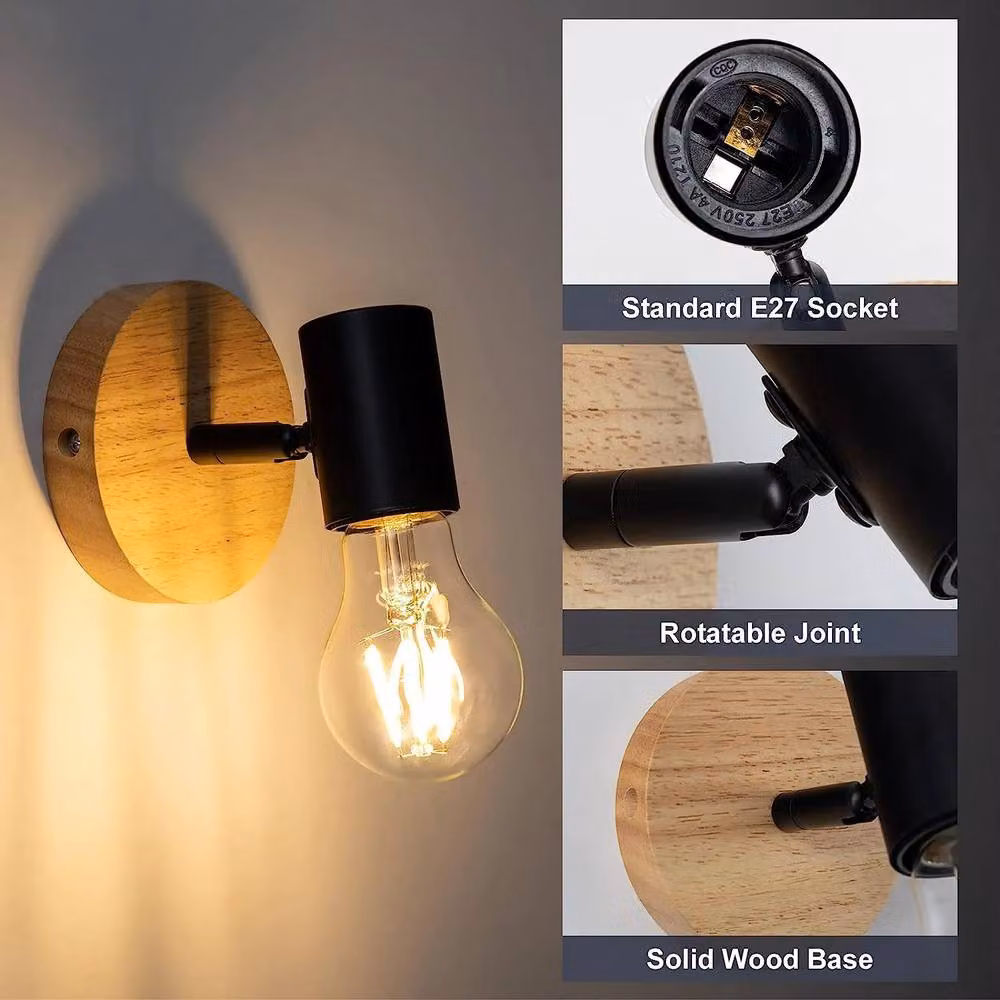 COMELY 2 Pack Vintage Wood and Metal Indoor Wall Lights in Black with E27 Socket – 7