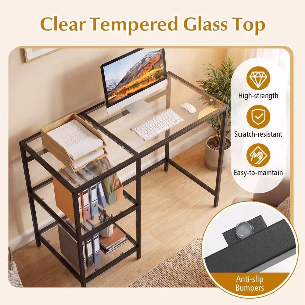 NESTLUNE Modern Glass Computer Desk in Black and Transparent – 3