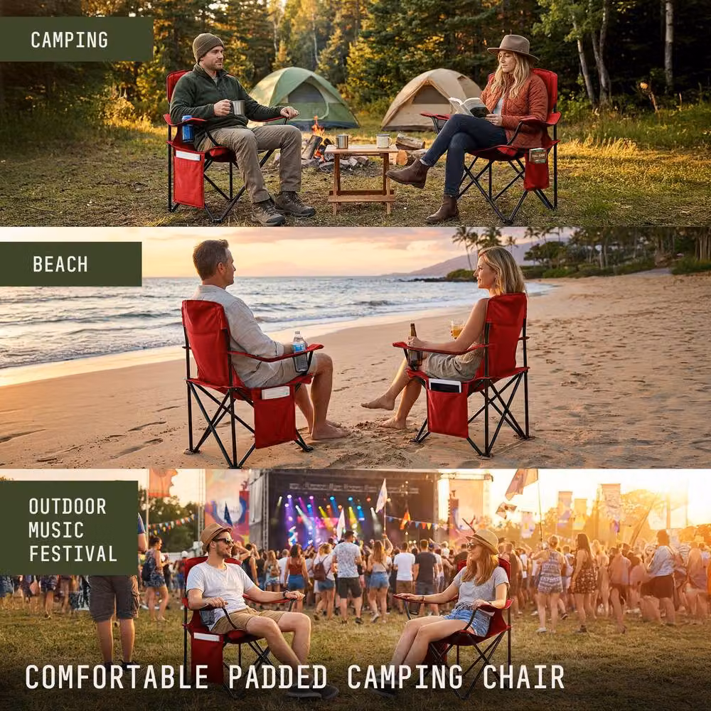 Voyager 2-Pack Folding Camping Chairs with Cup Holders and Armrests in Black and Red – 8