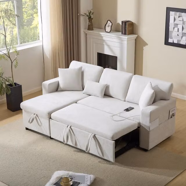 Aosom UK Beige 3 Seater L-Shape Corner Sofa with Integrated Side Shelf, USB Charging, Reversible Sleeping Function and Matching Ottoman, W/D/H: 214 x 131 x 87 cm – 1