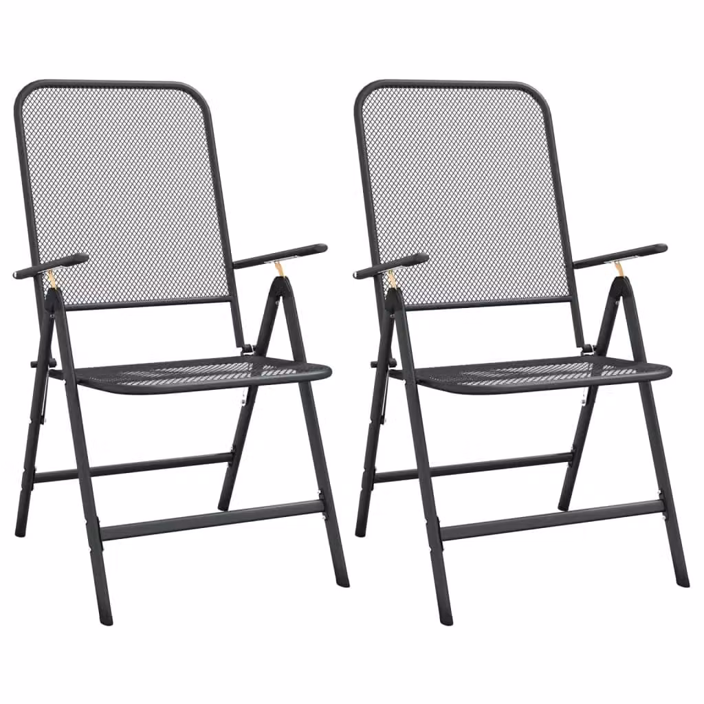 Berkfield Home Set of 2 Folding Garden Chairs in Anthracite Black with Expanded Metal Mesh and Armrests