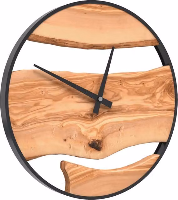 Berkfield Home Silent Round Quartz Wall Clock in Brown Iron and Olive Wood, Diameter: 35 cm