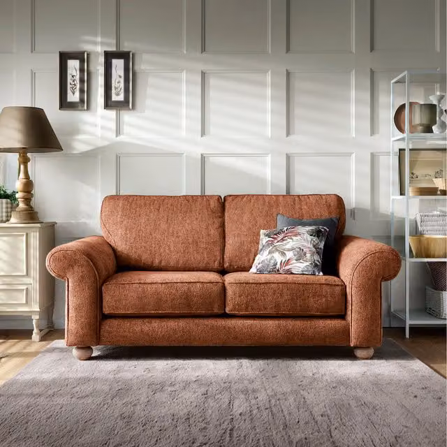 Abakus Direct Ingrid 2 Seater Upholstered Fabric Sofa in Orange with Scatter Cushions