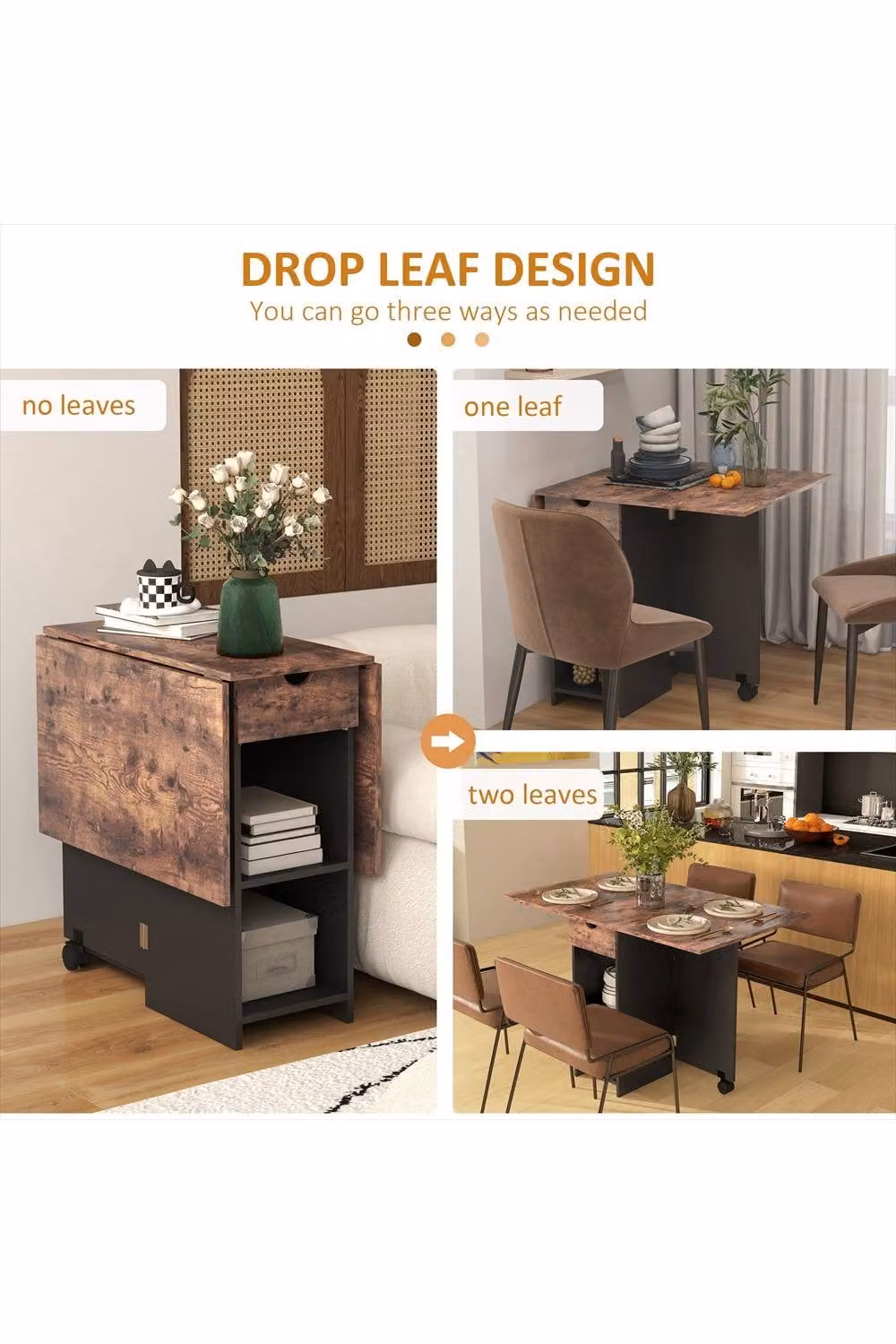 ERGOVEXA Extendable Folding Dining Table with Butterfly Leaf and Drawer, Rustic Brown – 3