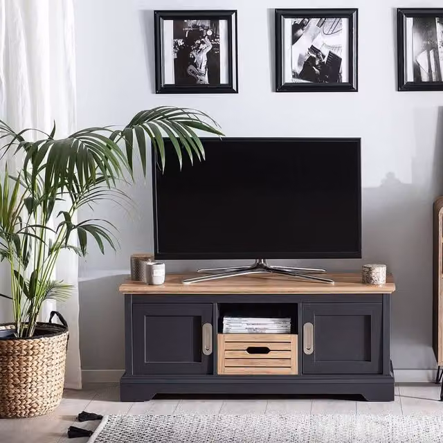 Wyld and Coco Grey Retro TV Stand for TVs up to 52 Inch with 2 Cabinets and 1 Drawer