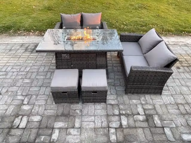 Fimous 5 Piece Poly Rattan Garden Furniture Set with Gas Firepit Dining Table, Sofa and 2 Footstools in Dark Grey