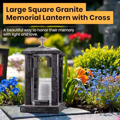 NOVECRAFTO Black Granite Square Memorial Lantern with Cross, Height: 32 cm – 2