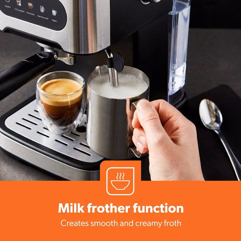 Geepas 20-Bar Espresso Coffee Machine with Integrated Milk Frother and 1.5 l Water Tank in Silver – 3
