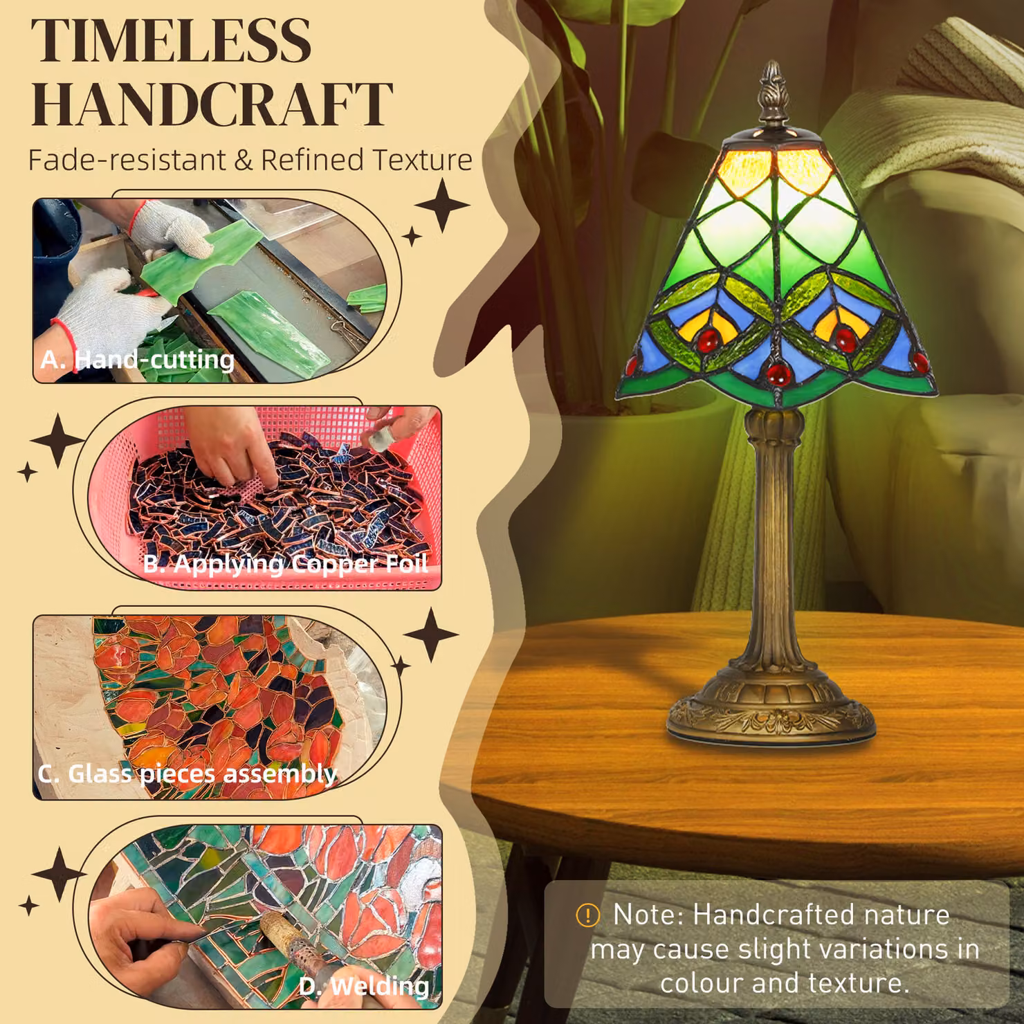 HOMCOM Tiffany-Style Stained Glass Table Lamp in Green and Bronze with E27 Socket – 5