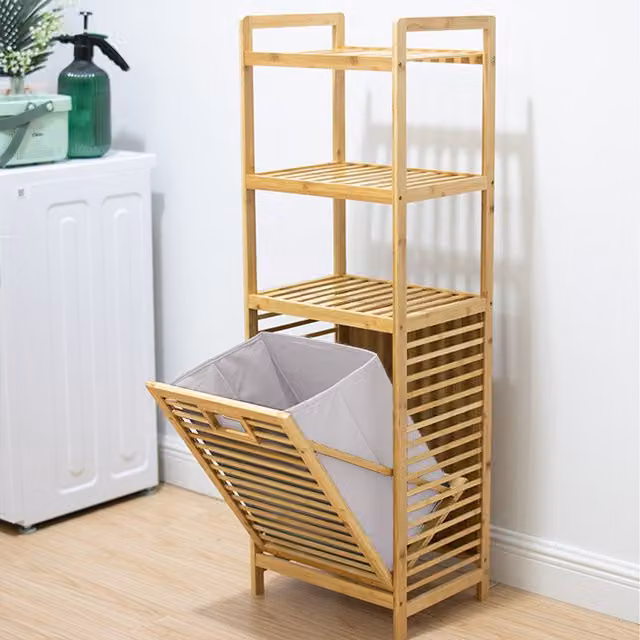 Komore Freestanding Laundry Basket with Cabinet and Shelves in Beige and Brown, Height: 119 cm