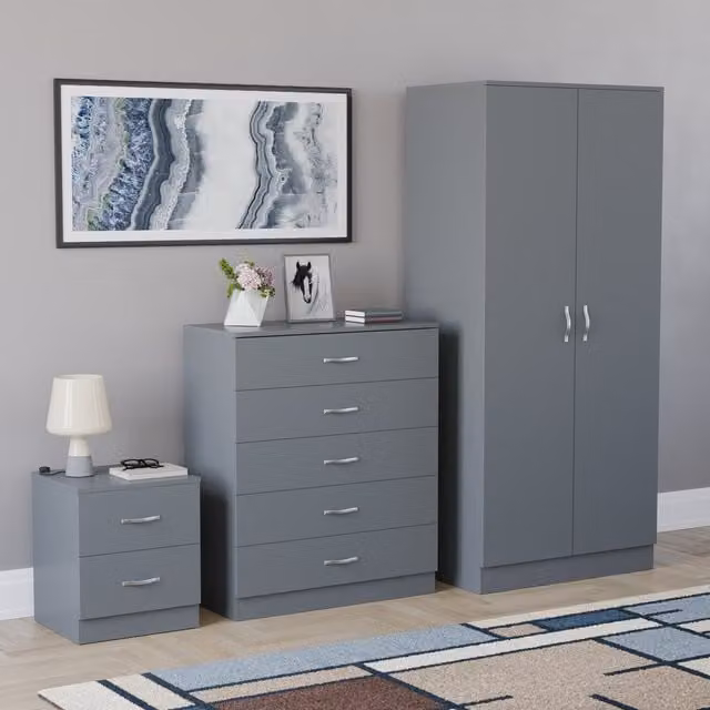 Vida Designs Riano 3 Piece Grey Bedroom Set including Wardrobe, Chest of Drawers and Bedside Chest