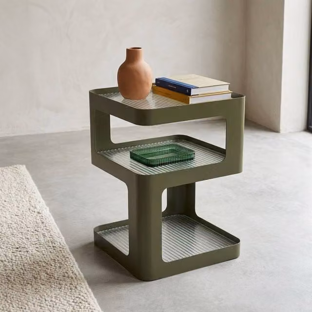 sweeek Modern Green Metal and Ribbed Glass Side Table and Bedside Table W: 35 cm, H: 50 cm