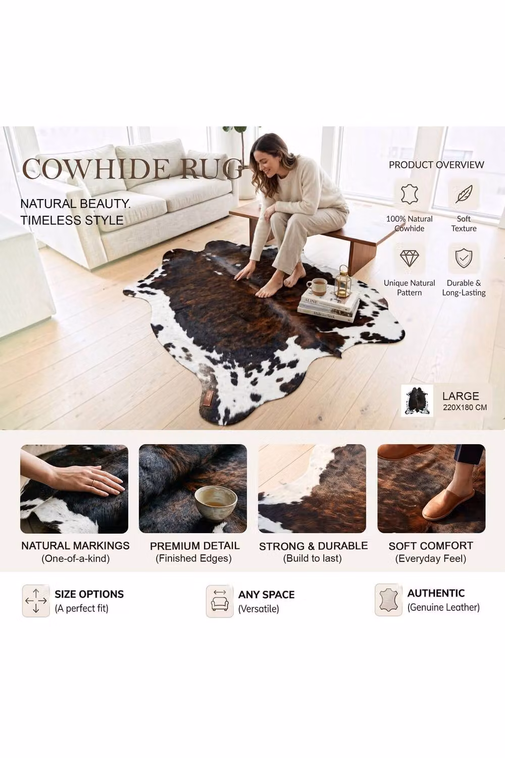 Infinity Leather Hereford Cowhide Hairon Rug in Black and White, W: 180 cm, D: 220 cm – 3