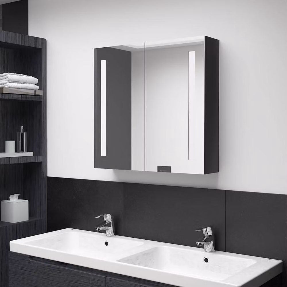 Berkfield Home LED Bathroom Mirror Cabinet in Glossy Black, W: 62 cm, D: 14 cm, H: 60 cm – 2