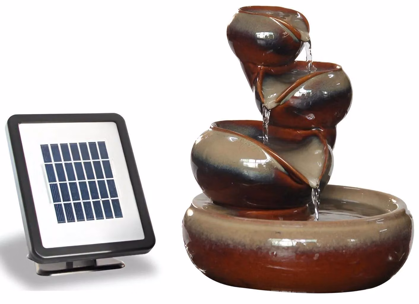 Primrose Solar Ceramic 3 Tier Cascade Oil Jar Water Feature in Brown, Diameter: 25 cm – 3