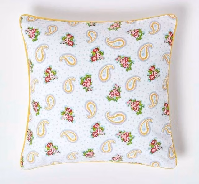 Homescapes Cotton Paisley and Dotted Square Cushion Cover in White, W/D/H: 60 x 60 x 60 cm