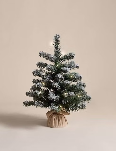 M&S Pre-Lit Snowy Christmas Tree in White and Green, Height: 45.72 cm
