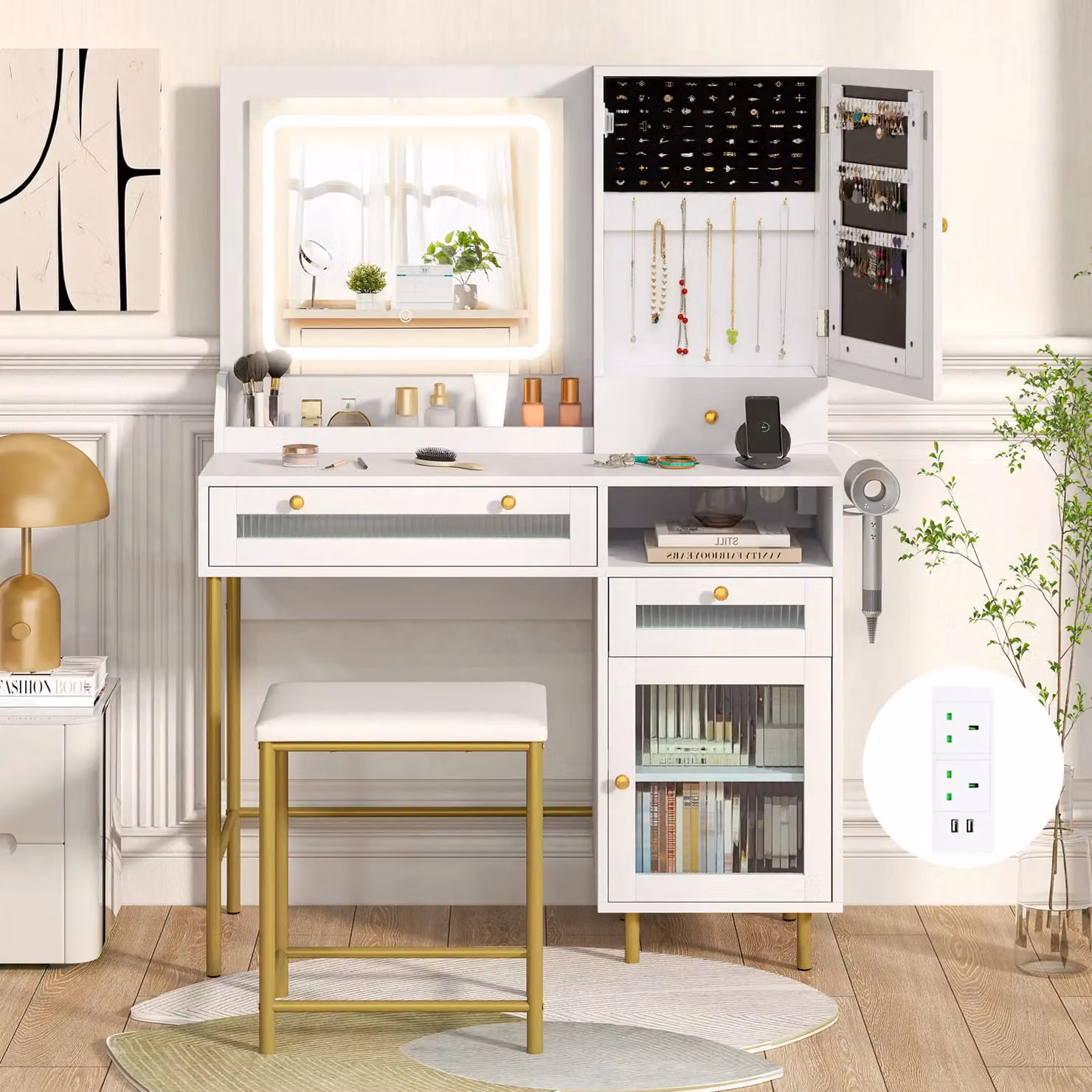 Costway Modern White Vanity Set with Hollywood LED Lighting and Cabinet – 2