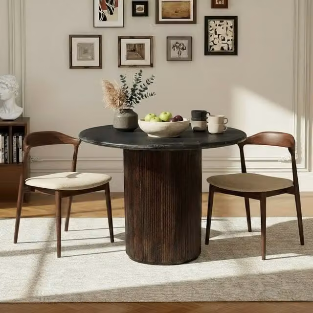 Luxor Living Mid-Century Round Black Marble Top Pedestal Dining Table, Diameter: 100 cm, 4 Seater, Tan