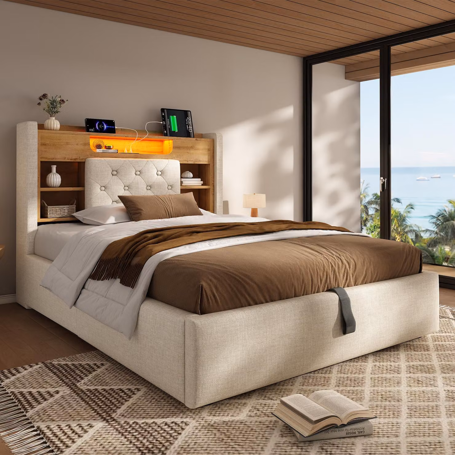 Aosom UK Upholstered Double Bed Frame with Hydraulic Storage and LED Lighting, Beige, W/D/H: 143 x 213 x 115 cm – 6