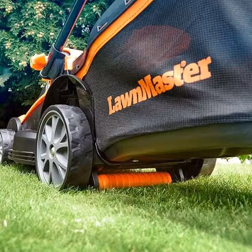 LawnMaster MX 24V 37cm Cordless Lawnmower in Orange with Spare Battery, Quick Charger, Collection Bag and Mulching Kit – 4