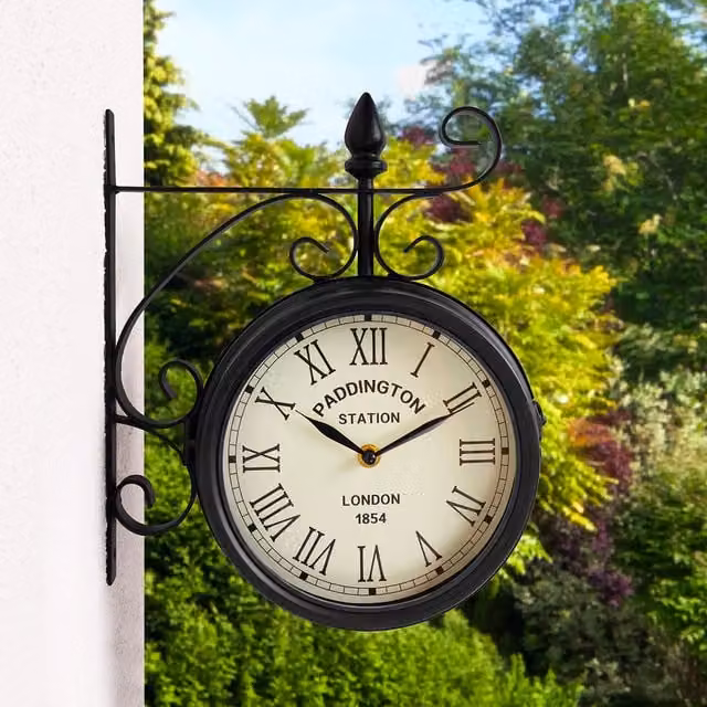 Charles Bentley Paddington Antique Round Analog Metal Outdoor Wall Clock in Black