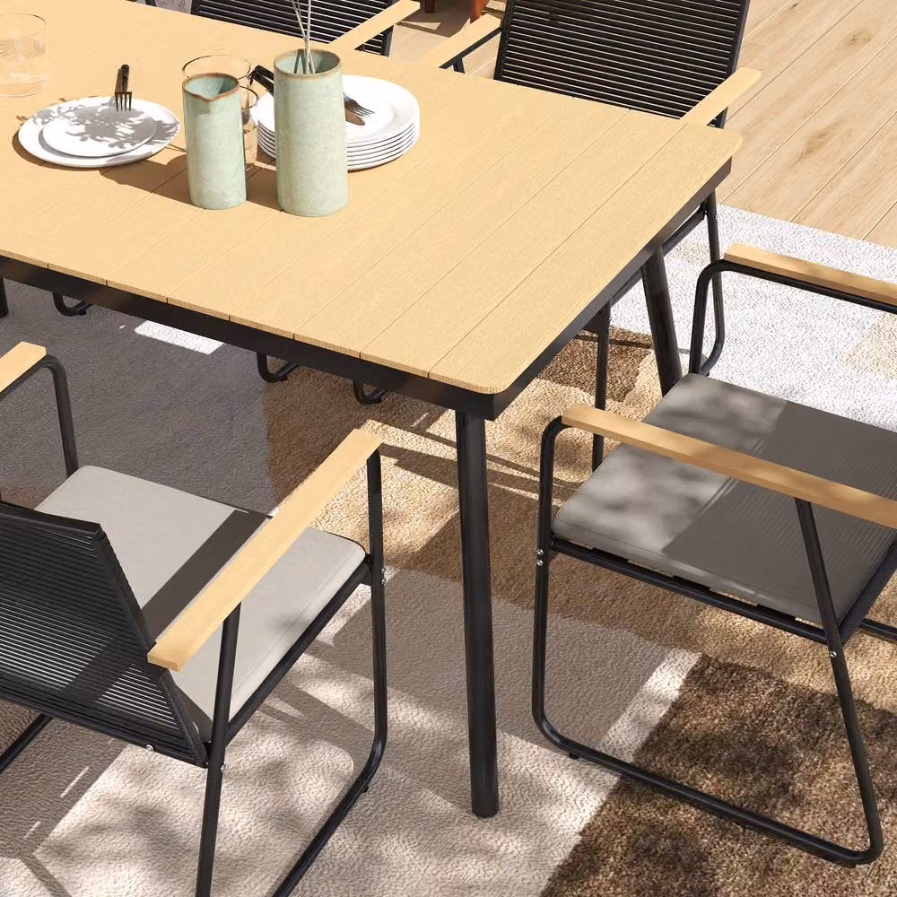 STILVORA 6-Seater Modern Garden Dining Set with Cushions in Natural Wood and Black – 5