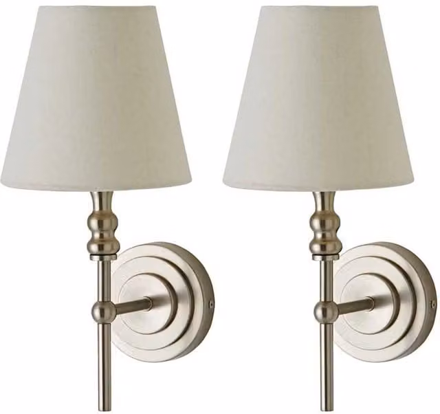 ValueLights Maggie Pair of Silver Chrome Candlestick Wall Lights with Beige Linen Tapered Shades