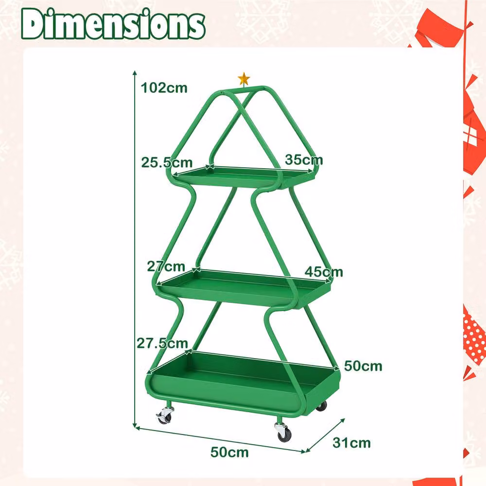 Costway 3-Tier Rolling Christmas Tree Storage Cart with Topper Star in Green – 2