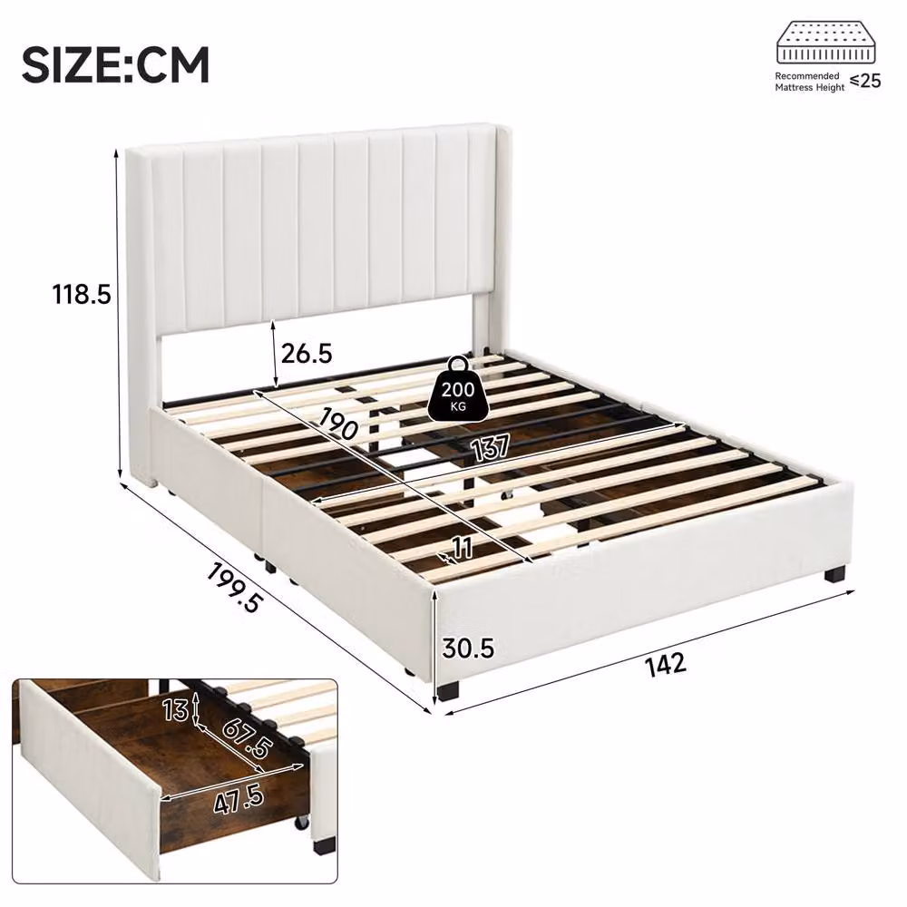 STILVORA Double Upholstered Velvet Bed with Storage Drawers in Beige, W/D/H: 140 x 200 x 137 cm – 2