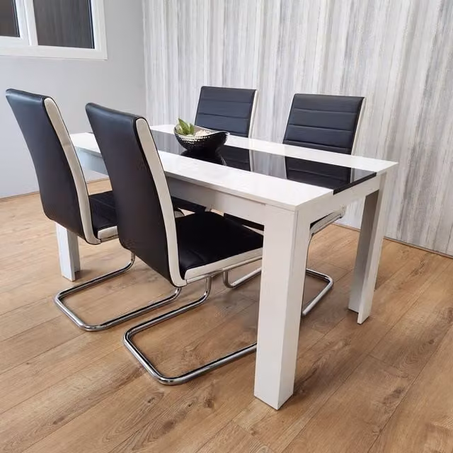 Kosy Koala Modern Rectangular Dining Table and 4 Striped Padded Chairs in Black and White, W: 117 cm