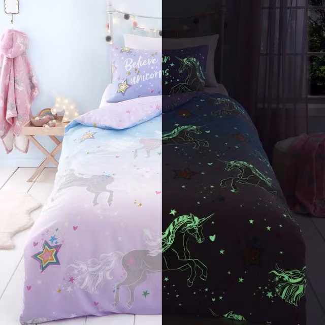 Bedlam Reversible Glow in the Dark Unicorn Duvet Cover and Pillowcase Set, Purple, W/D/H: 200 x 200 cm