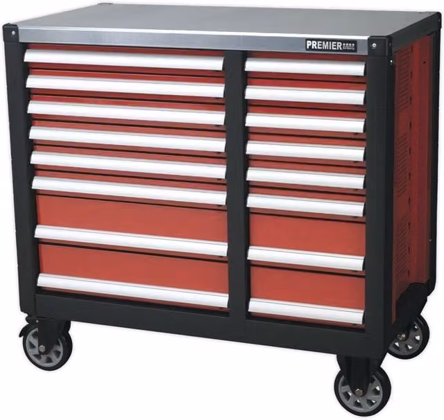 Loops 16 Drawer Mobile Workstation in Red and Multicolour with Worktop and Lockable Wheels – 1