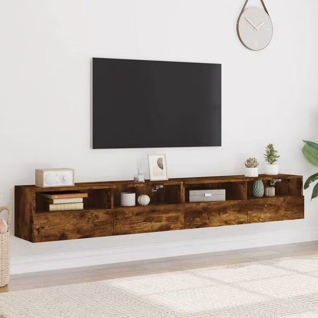 Berkfield Home Set of 2 Smoked Oak TV Wall Cabinets in Brown, W/D/H: 100 x 30 x 30 cm