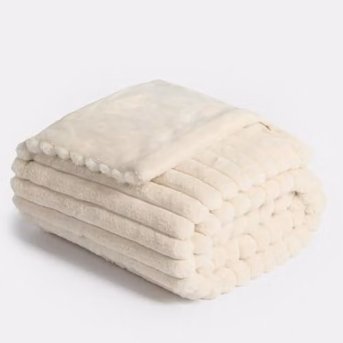 OHS Faux Fur Ribbed Throw Blanket in Natural Sand, W: 150 cm, L: 200 cm – 1