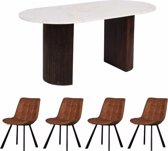 Luxor Living Mango Wood Dining Table Set with Marble Top and 4 Chairs, Brown and Black, W/D/H: 170 x 85 x 76 cm